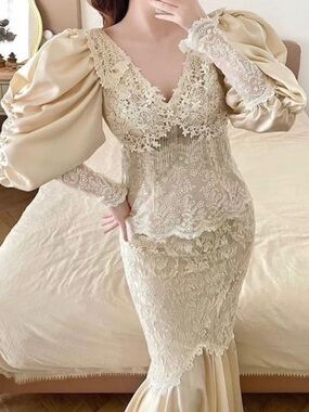 Vintage Cachet by Bari Protas ivory Lace Mermaid Gown with Puff Sleeves